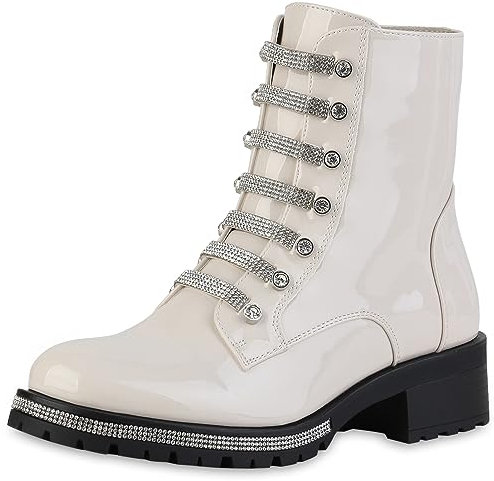 VAN HILL Damen Klassische Stiefeletten Blockabsatz Strass Trendy Schuhe 840586 213271 Beige Lack 38