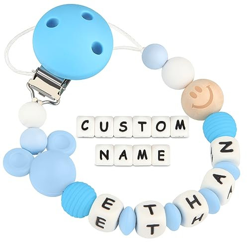 Yolnkos Schnullerkette mit Namen Jungen Mädchen Personalisiert Schnullerclip Maus(Blau)