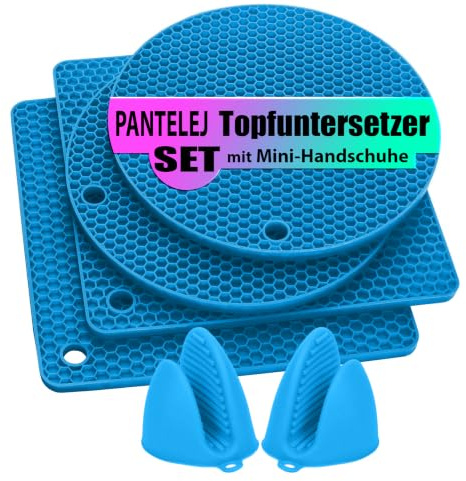 Pantelej Silikon Topfuntersetzer 6er Set - Inklusive 2 Mini-Topfhandschuhen - Hitzebeständig bis 230 Grad - Spülmaschinenfest und rutschfest - Wabenmuster Design - Multifunktional - Blau