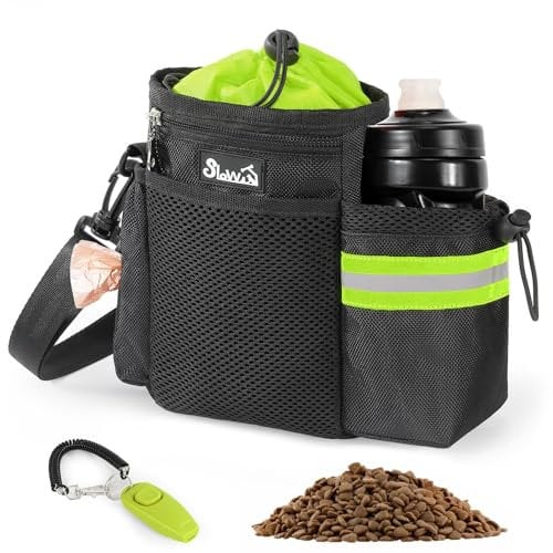 Eyein Leckerlibeutel für Hunde, Futterbeutel Hunde mit Kotbeutelspender und Wasserflaschenhalter, DREI Verwendungsarten-Hunde Leckerlitasche mit Verstellbarer Schultergurt/Gürtel/Gürtelclip, Grün