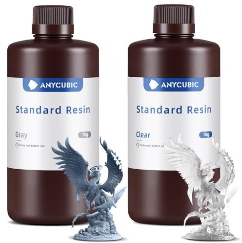 ANYCUBIC 3D Drucker Resin, UV 405nm Standard Rapid Photopolymer Resin, mit Hoher Genauigkeit und Schneller Aushärtung und Hervorragender Fließfähigkeit für den LCD DLP 3D Printer (Grau+Klar,1kg,2pcs)