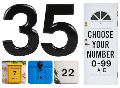 Black Door Numbers Stick On, 0-99, Letters A, B, C, D, 3'' House Numbers Self Adhesive Stickers, For Doors, Mail Boxes, Hotel Rooms (35)