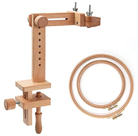 Guehroan HöLzerner Stickrahmenhalter 360 Grad Drehung, Verstellbarer Desktop StäNder, KreuzstichstäNder, mit Stickrahmen