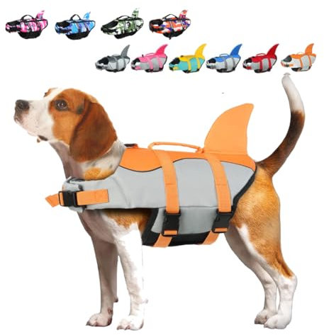 Giubbotti Di Salvataggio Per Cani Giubbotto Squalo Salvagente Per Animali Domestici Salvagente Gilet con Manico e Riflettente Per Cani Piccoli, Medi e Grandi, Taglia Regolabile Arancione S