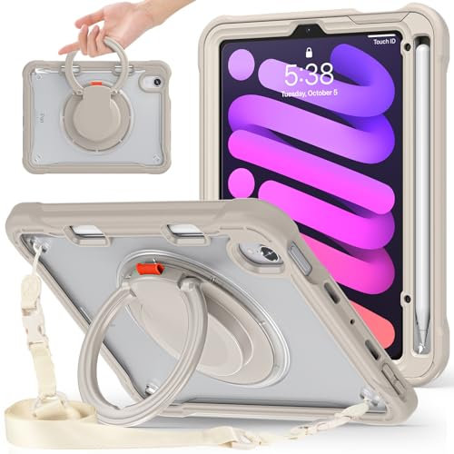 Funda transparente para iPad Mini de 6ª generación, iPad Mini 6 de 8.3 pulgadas, soporte giratorio de 360 grados, correa para el hombro, soporte para lápiz capacitivo integrado, funda resistente a