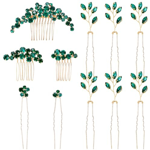 inSowni 11 Pieces Vintage Emerald Green Headpieces Party Prom Wedding Bridal Rhinestone Hair Side Combs Slides+U-shaped Hair Pins Accessories for Brides Bridesmaids Women Girls
