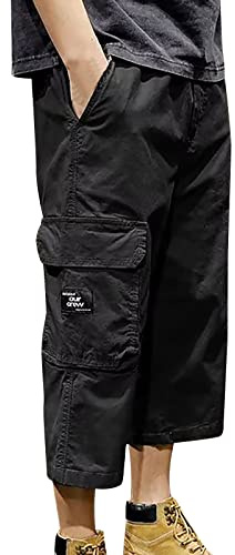 3/4 Hose Herren Cargo Shorts Männer Baggy Shorts Multi Taschen Jogginghose Kurze Hose Baumwolle Arbeitshosen Outdoor Hosen Gummibund Lässig Sporthose Sommerhose für Herren Wanderhose Trekkinghose L