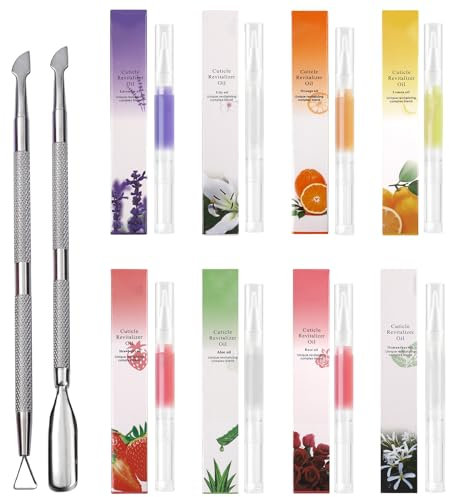 Aceite Cuticulas Uñas, Pen Oil, Lapiz Cuticulas, Lápiz para Cuidado de Uñas de Pluma de Nutrición para Reparar Cutículas Agrietadas y Secas, 8PCS con Empujadores de Acero