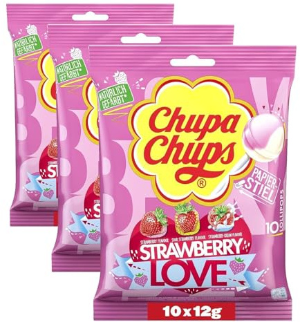 Chupa Chups Strawberry Lover Lutscher-Beutel, Nachfüll-Beutel enthält 10 fruchtige & cremige Erdbeer-Lollis in 3 Geschmacksrichtungen, für Halloween, 10 x 12g (Packung mit 3)