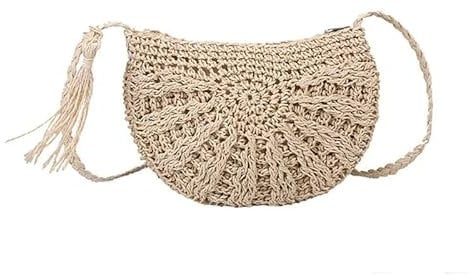 SkyjOy Sac Paille Sac à Main en Paille Demi-Rond for Femme, Sac à bandoulière en rotin for la Plage, Fermeture éclair, tissé, Demi-Lune, for Les Vacances Sac en Paille(Beige)