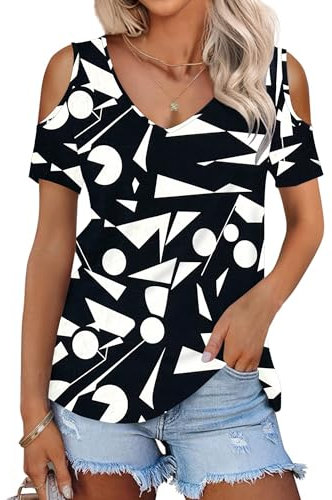 WNEEDU Camisetas Manga Corta Mujer Verano Blusas Cuello V Top Elegante Basicas T-Shirt Patrones GeoméTricos S