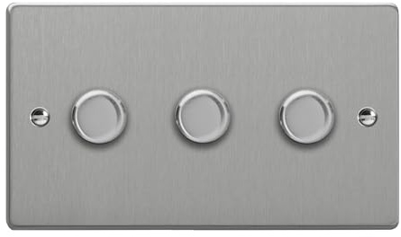 Varilight 3-Gang 2-Way V-Pro Push On/Off Rotary LED Dimmer 3 x 0-120W (Twin Plate) Brushed Steel