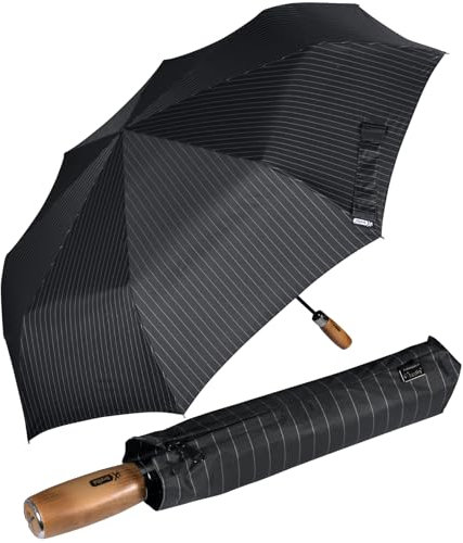 iX-brella - Sombrilla XXL para hombre de 121 cm con mango de madera auténtica y cierre automático, Pinstripes con mango de varilla, 121 cm