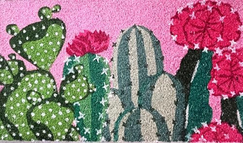 Baroni Home Zerbino Ingresso Casa in Cocco Dipinto a Mano 70x40 cm, Tappeto da Esterno con Fondo Antiscivolo, Zerbino Facile da Pulire e Super Resistente, Cactus Fondo Rosa