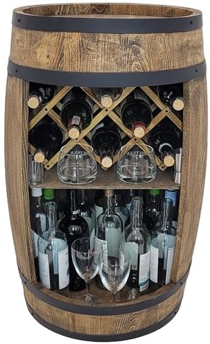 Rustikale Holzfass Bar mit Weinhalter und Schrank für Zuhause 80 x 50 cm Minibar für Whisky Perfektes Weinfass Möbelstück