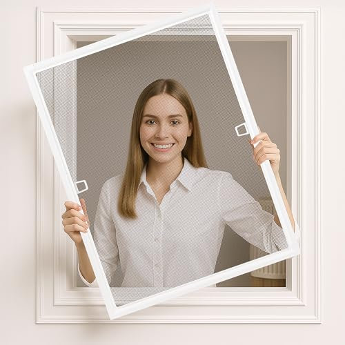 FLYZZZ Fliegengitter für Fenster bis 98,4x116,9cm, Insektenschutz mit Rahmen als Selbstbausatz Ohne Bohren, Zum Individuellen Kürzen, (Material 100x120cm) Weiß