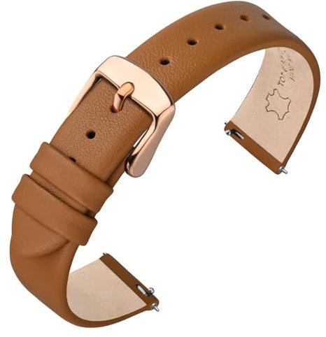 ANNEFIT Watch Straps for Men Women, Top Grain Leather Watch Band with Quick Release, Band Width 12mm with Rose Gold Buckle (Brown)
