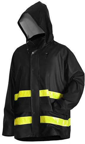 Navis Marine Regenjacke Herren Wasserdicht PU Mit Abnehmbarer Kapuze & Reflektierenden Streifen, Robuste Outdoor Arbeitsjacke(Black,XL)