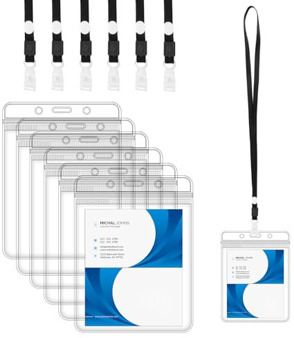 A6 Porte-badges, Lot de 6 11x16cm Imperméable à L'eau des Porte Badges avec Lanière, GRANDE TAILLE Porte Badge Transparent Plastique Porte Carte Verticaux porte badge plastique pour Expositions