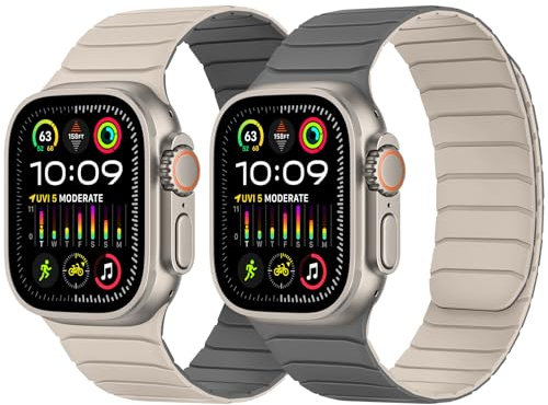 Tasikar Banda Magnética Doble Cara Compatible con Apple Watch 49mm 46mm 45mm 44mm 42mm, Correa Deportiva de Silicona Suave para iWatch Ultra SE serie 10 9 8 7 6 5 4 3, Beige-Gris