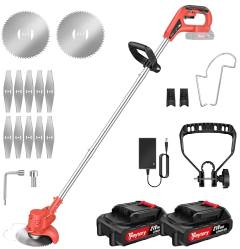 21V Akku Rasentrimmer, Akku Rasen Trimmer mit 3-Fach faltbar, Elektrischer Rasentrimmer mit 21pcs Zubehör und verstellbarem Griff, Elektro Motorsense für Rasentrimmen und Garn (2x3000mAh Akku)