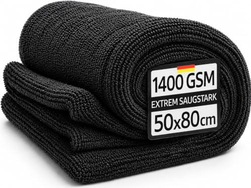 Kemes Mikrofasertücher Auto XXL 80x50cm Premium 1400 GSM Autotrockentuch Schwarz Microfaser | 5-Fach Ultra saugstark Poliertuch für Autopflege