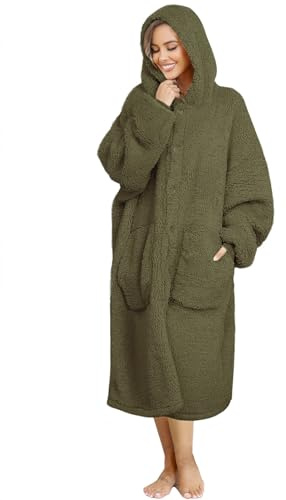 ililmmoe Plüsch Hoodie Decke für Frauen und Männer,Super warme und gemütliche große tragbare Decke Hoodies Homewear,Dicke lose Plüsch Mäntel (Olive, One Size)