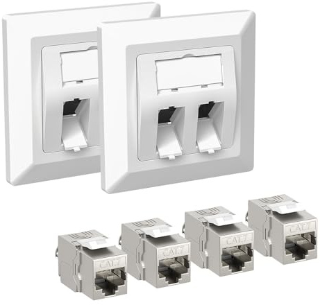 iwillink 2X 2-Port CAT 7 Netzwerkdose Unterputz mit CAT 7 Keystone - Weiß | 4X CAT 7 Keystone STP RJ45 Modul, 10 Gbit/s, LAN Ethernet Keystone Dose Buchse, Für Netzwerkkabel Verlegekabel