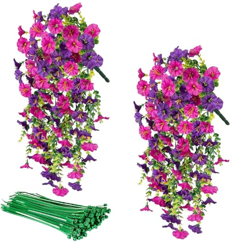 ZenyTra 2 Stück Künstliche Hängepflanzen, 76CM Künstliche Petunien Efeu in Lila & Rosa Mix mit 10 Bindfäden, UV-beständige Kunstblumen für Balkon, Terrasse, Garten, Innen- und Außendekoration