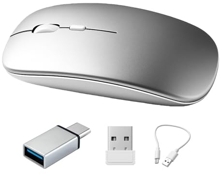 Wireless Bluetooth Mouse for MacBook,Laptop, iPad,PC,Computer – Dual Mode 2.4GHz & Bluetooth 5.2Rechargeable Silent Click Mouse with USB-C Adapter,Adjustable DPI,Portable Ergonomic Design ,Silver