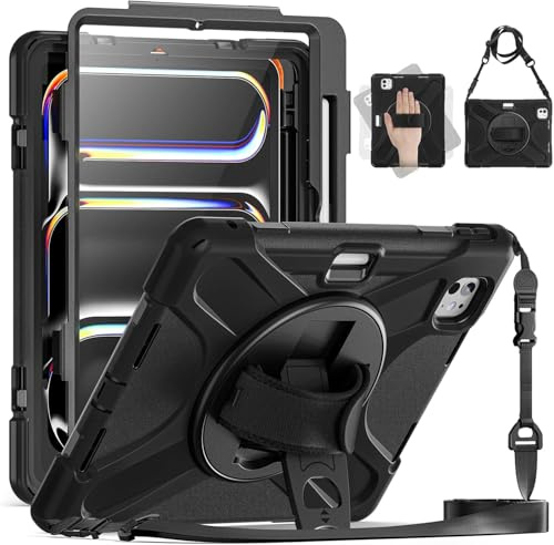 ZenRich Case for iPad Pro 11 Inch (M5/M4) 6th/5th Generation 2025/2024 | Shockproof Heavy Duty with Screen Protector/Rotating Stand/Hand Strap/Pencil Holder/Shoulder Strap for iPad Pro 11, Black