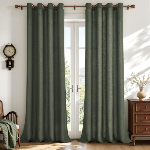 CUTEWIND Leinenoptik Vorhang mit Ösen, Halbtransparent und Lichtdurchlässig, Gardinen Landhausstil für Wohnzimmer Schlafzimmer Kinderzimmer Ösenschal 2er Set, H 245 x B 140 cm, Olivgrün