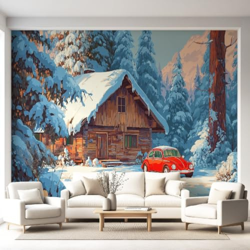 Non-Woven Snowfield Log Cabin Vintage Vehicle Wallpaper Winter Scenery Rustic Countryside Dreamy Wall Mural Home Interiors for Bedroom Living Room Background Decoration Wall Paper 450x315cm