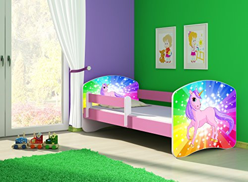 CLAMARO 'Fantasia Pink' 180 x 80 Kinderbett Set inkl. Matratze und Lattenrost, mit verstellbarem Rausfallschutz und Kantenschutzleisten, Design: 18 Einhorn Regenbogen