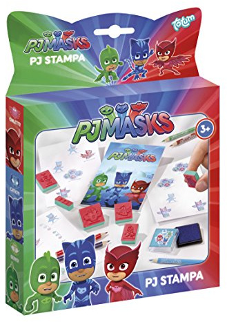 Totum PJ Masks Masks Stempel- und Mal-Set mit 6 Motiv-Stempeln der Helden Catboy, Owlette und Gekko, Stempelkissen lila, Malblock und 5 Buntstiften