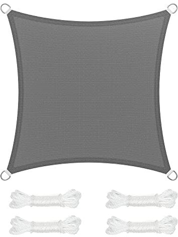 SONGMICS Vela de Sombra de 3 x 3 m, Tejido HDPE de Protección Solar, Transpirable, Permeable al Agua, Terraza, Jardín, Balcón, Camping, Cuadrada, Cóncava, Cuerdas de 2 m, Gris Ahumado GSS33GY