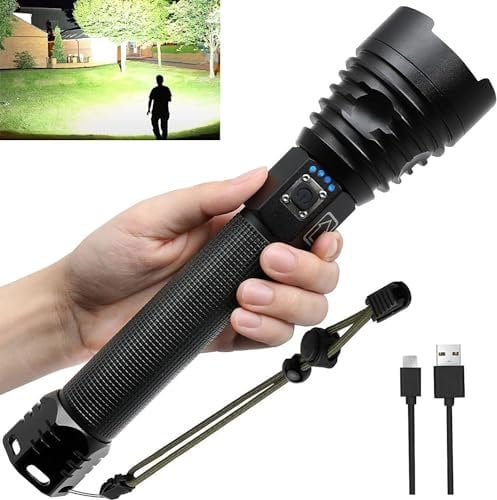 LOOYMNZ Taschenlampe LED 100000 Lumen, Extrem Hell Taschenlampe USB Aufladbar Taktische Taschenlampen XHP90, IP65 Wasserdicht 3 Lichtmodi für Camping Wandern Notfälle(einschließlich Batterie)