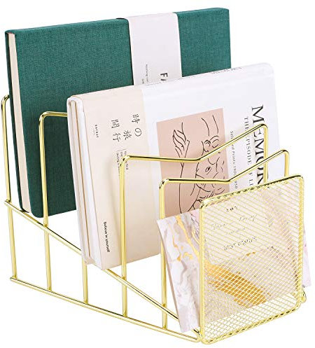 Z PLINRISE Schrägordner aus Draht, Zeitschriftenhalter für Post, Ordner und Bücher, Schreibtisch-Papieraufbewahrung Organizer für Zuhause und Büro, 5 Abschnitte, Gold