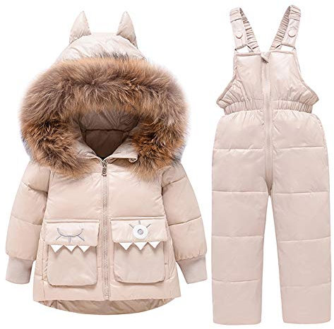 amropi Combinaison de Ski Bébé Filles Veste de Duvet à Capuche et Pantalons de Neige 2 Pièces Hiver Ensemble de Ski Beige,3-4 ans
