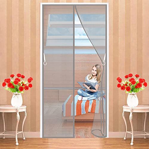 LZHBD Magnetic Screen Door 150 x 195 cm Anti-Tearing Reinforced Fiberglass Insect Fly Mesh - Shut Automatically for Balcony Back Door (640 size) - Gray