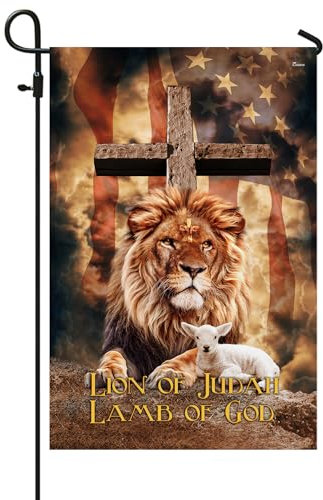 Amerikanische Flagge - Löwe von Judah Lamm Gottes Kreuz v1 Flagge, Gartenflagge (29,2 x 44,5 cm) - USA-Flaggen Premium Polyester - dekorative Flagge für drinnen und draußen
