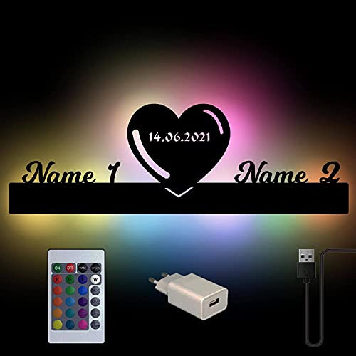 Farbwechsel USB Paar-Lampe Herz-Lampe Geschenk personalisiert mit 2 Namen und Datum zum Jahrestag Geburtstag Hochzeit Verlobung für Sie & Ihn Freund-in Mann Frau mit Fernbedienung