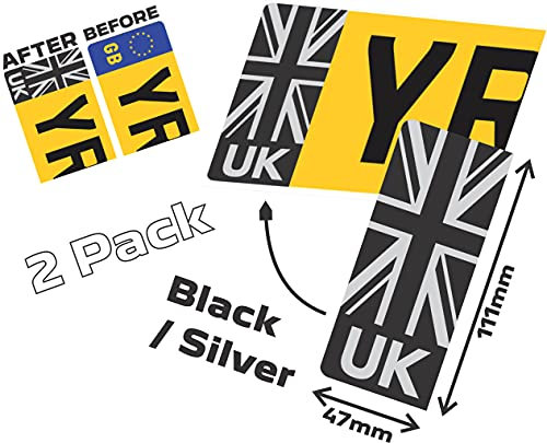 Silver UK Car Number Plate - Vinyl Stickers - Union Jack - NO EU Flag Brexit - Pack of 2 (Front/Rear) Replaces GB Sticker