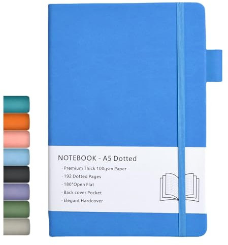 Notizbuch Dotted A5, Hardcover Dotted Journal mit Premium 100 GSM Dickes Papier, 192 Seiten, Innentasche, Elastisch Gebändert, Kunstledereinband, 14,5x21,3 cm (Azurblau)