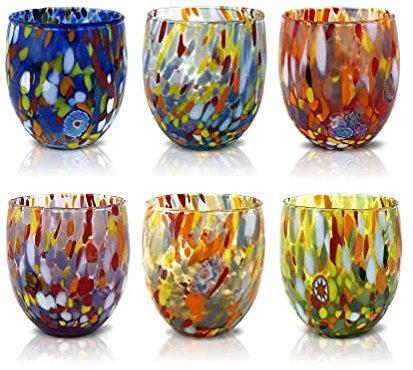 MAZZEGA ART & DESIGN - 6 Bicchieri da Acqua Classic in Vetro Soffiati e Lavorati a Mano con Murrine di Murano, linea “I Colori di Murano” 320 ml. Made in Italy (MIX, 6)