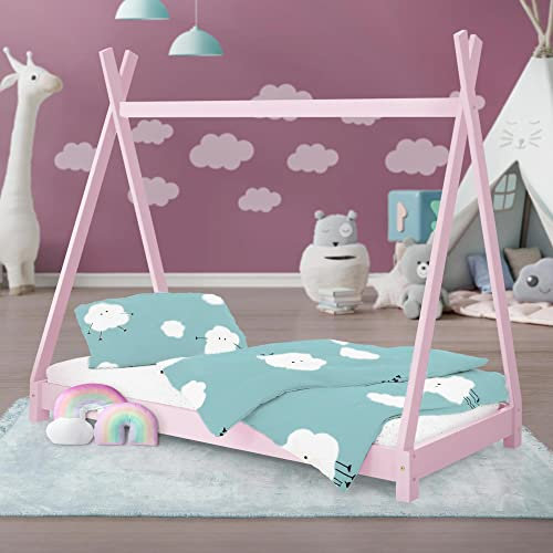 ML-Design Kinderbett Tipi 80 x 160 cm mit Lattenrost, Rosa, Indianer Bett aus Massivholz, Hausbett für Mädchen, Kiefernholz, Kinderhaus Jugendbett Holzbett Bettenhaus Spielbett Bettgestell Zelt