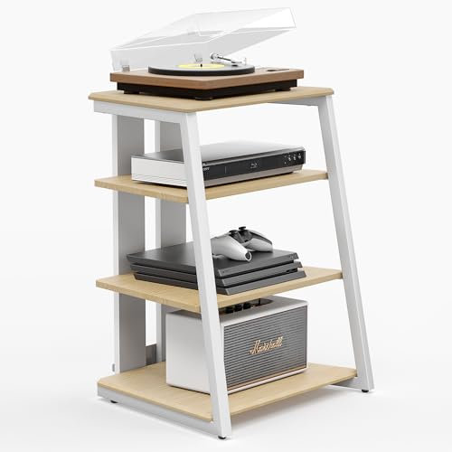 FITUEYES DESIGN HIFI Stand Record Player Stand 4-Tier Wooden Shelves for av amp/Turntable/Sky box/Xbox One/Printer Multifunctional Height Adjustable Load Capacity 50KG