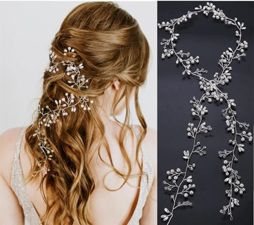 ZHjuju Cheveux de Mariée Vines Cristaux Coiffes de Mariage, 50cm Accessoires de Cheveux de Mariage Fleur Mariée Vigne de Perles d'argent Strass Accessoires de Cheveux Bandeau pour Femmes