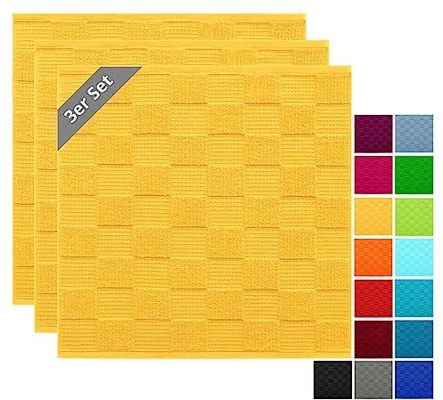 Lashuma 3 Stück Frotteetücher Küche 50x50 cm, Geschirrhandtücher Waffelpique Gelb, Lissabon Trockentücher