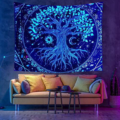 Lsimeru Baum des Lebens Wandteppich Leuchtet im Dunkeln 150x130 Wanddeko Wandtücher Psychedelic Trippy Mond und Sonne Schwarz Wandtuch Wandbehang für Schlafzimmer Wohnzimmer